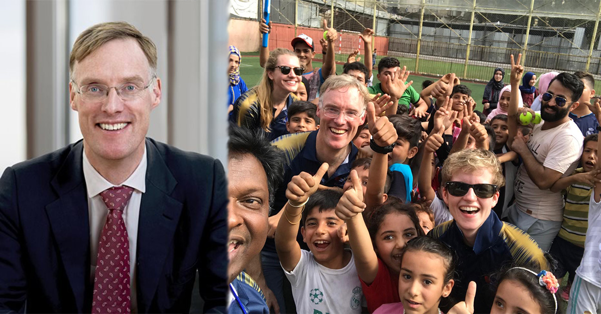 Richard Verity pictured left (Credit McKinsey) & Richard with kids and volunteers from The Alsama Project (Credit Alsama Project).