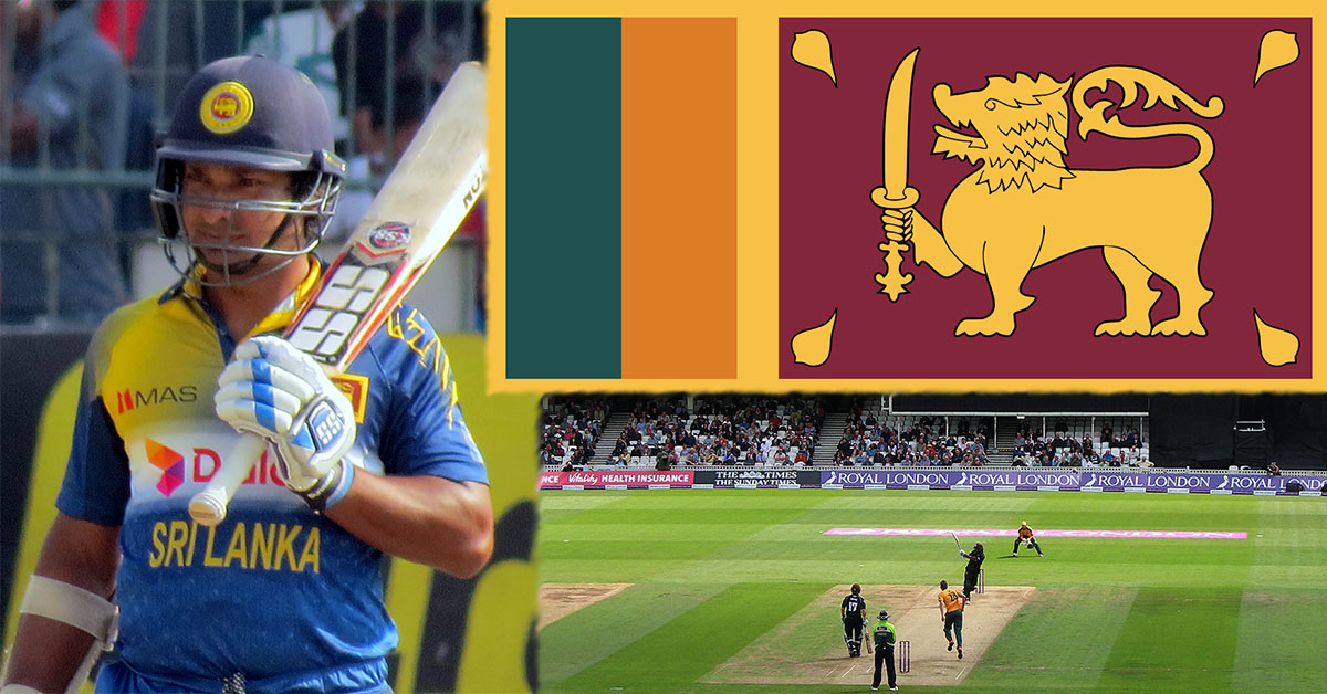 Kumar Sangakkara pictured left (credit Amal316), Flag of Sri Lanka pictured top right & Kumar Sangakkara playing at the oval in 2015 (Credit John Sutton)
