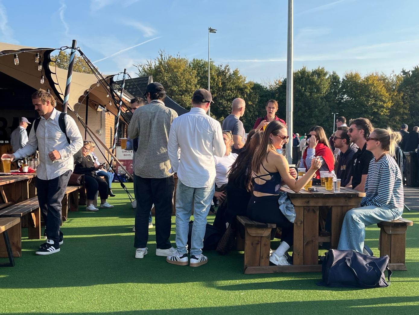 Eating and drinking in the sunshine at Chiswick Rugby Club